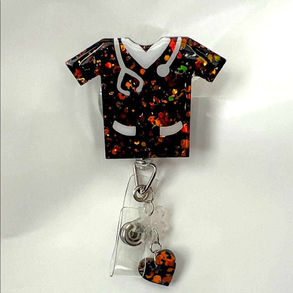 Black and Orange Scrub Top Badge Reel Horror Halloween theme